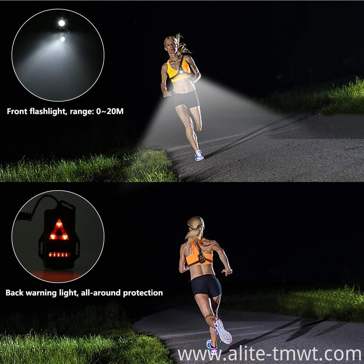 USB Rechargeable Adjustable Strap Night Running Chest Running Light With Warning Triangle Taillight